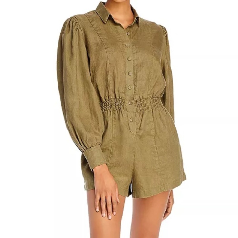 WeWoreWhat Linen Smocked-Waist Puff-Sleeve Romper Olive Green Size XS